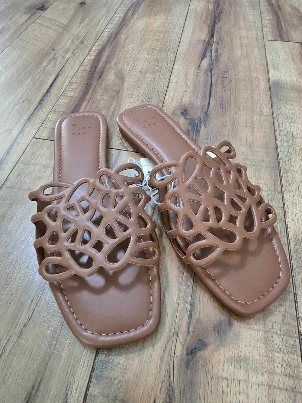 A New Day Brown Slide Sandals with Decorative Cutout Upper